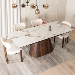 MASA EXTENSIBILA 160-200CM, ARTIM MEBLE, REALIZATA DIN METAL, LEMN SI MDF, MARMURA, CULOARE ALB/NUC, STIL MODERN - Img 5
