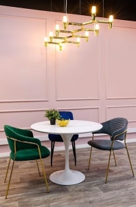 MASA TULIP PREMIUM 100 CM, ALBA, CONFECTIONATA DIN MDF LUCIOS SI METAL, STIL MODERN - Img 4