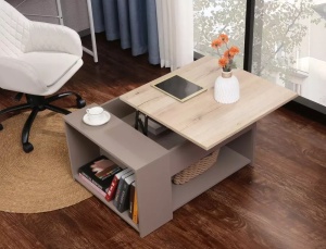 MASUTA DE CAFEA EXTENSIBILA, DROP, STEJAR/BEJ, DIN PAL LAMINAT SI METAL, STIL MODERN