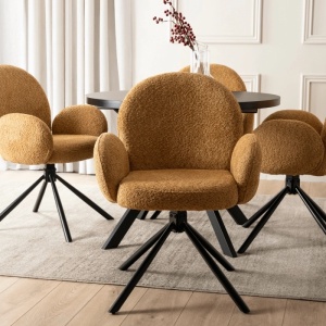 SET 4 SCAUNE ROTATIVE, ARTIM MEBLE, REALIZAT DIN MATERIAL BOUCLE GALBEN MUSTAR SI METAL, STIL MODERN - Img 2