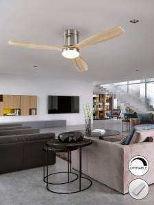 VENTILATOR SIROCO, CU TELECOMANDA, 30 CM, NICHEL SATINAT/NATURAL/OPAL, DIN METAL SI LEMN, STIL MODERN