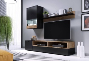 ANSAMBLU LIVING, CAMA-PAT-NEGRU MAT/STEJAR LEFKAS, 175CM, PLACI LAMINATE, DIVERSE NUANTE - Img 3