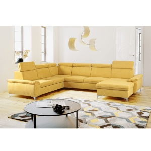 CANAPEA MARELIA, MODEL DREAPTA, GALBEN MUSTAR, DIN TEXTIL, EXTENSIBIL, SPATIU DEPOZITARE, STIL MODERN, TK - Img 1