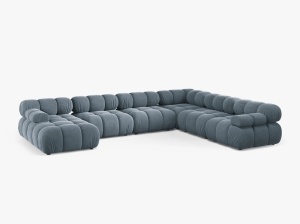 COLTAR MODULAR PANORAMIC BELLIS, PE DREPTA, ALBASTRU DESCHIS, CU TAPITERIE DIN CATIFEA VENUS, MICADONI