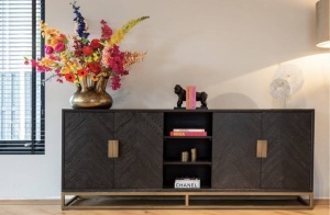 COMODA BLACKBONE BRASS, 225 CM, NEGRU/AURIU ANTICHIZAT, DIN FURNIR DE STEJAR SI METAL, RICHMOND INTERIORS