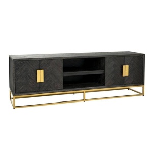 COMODA TV BLACKBONE, 185 CM, NEGRU/AURIU, DIN FURNIR DE STEJAR SI METAL, STIL MODERN, B2