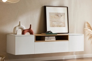 COMODA TV SUSPENDATA LOFT 160CM, REALIZATA DIN MDF SI FURNIR STEJAR, CULOARE ALB/NATUR, ARTIM GROUP SELECTION