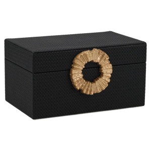 CUTIE DE DPOZITARE MICA, AMAL JB-0098, NEGRU/AURIU, CONFECTIONATA DIN MDF, PIELE ECOLOGICA SI ALIAJ DE ZINC, RICHMOND INTERIOR