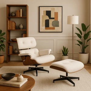 FOTOLIU CU TABURET LOUNGE, ARTIM, ALB BOUCLE, MATERIAL LEMNOS SI TEXTIL, STIL MODERN