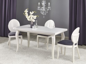 MASA DINING EXTENSIBILA MOZART, ALBA, 140/180 CM, BLAT DIN MDF SI PICIOARE DIN LEMN MASIV, STIL CLASIC - Img 1