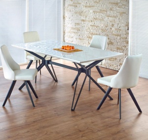 MASA DINING PASCAL, ALB/NEGRU, 160 CM, BLAT DIN MDF LACUIT SI PICIOARE DIN METAL, STIL MODERN - Img 1