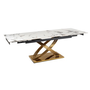 MASA EXTENSIBILA, ARTIM MEBLE 160/240CM, BLAT DIN CERAMICA SI SUPORT METALIC, CULOARE MARMURA ALBA/AURIU, STIL MODERN - Img 8
