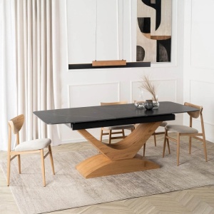 MASA EXTENSIBILA DOLCE, ARTIM MEBLE 160/200CM, BLAT DIN CERAMICA SI FURNIR, CULOARE MARMURA NEAGRA/STEJAR, STIL MODERN - Img 2