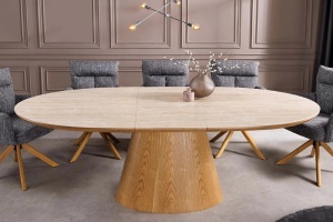 Masă extensibilă UNIQUE (160–200 cm) cu aspect de stejar și blat ceramic din travertin