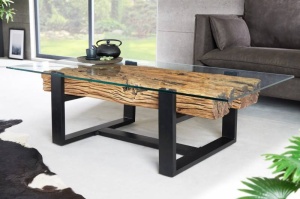 MASUTA DE CAFEA, BARRACUDA 130CM, LEMN MASIV DE TEC SI STICLA, NATUR/NEGRU, MODEL DEOSEBIT, ARTIM GROUP - Img 1
