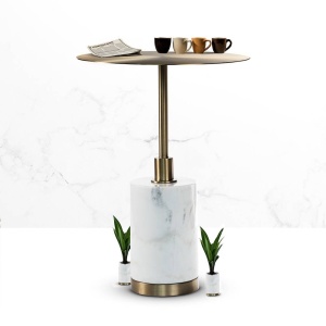 MASUTA DE CAFEA CALICE, EFECT DE MARMURA ALBA/AURIU MAT, 45 CM, DIN METAL SI MARMURA, STIL MODERN
