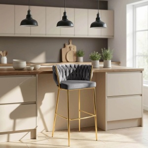 SCAUN BAR, ARTIM MEBLE, REALIZAT DIN CATIFEA SI METAL, CULOARE GRI/AURIU, STIL MODERN