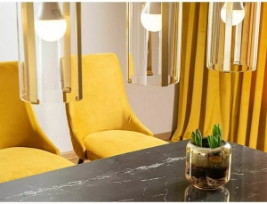 SCAUN DINING PIANO, CURRY BLUVEL 68/NEGRU/AURIU, TAPITERIE DIN CATIFEA SI PICIOARE DIN METAL, STIL MODERN - Img 3
