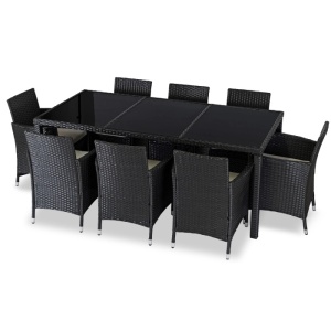 SET MOBILIER GRADINA, ARTIM MEBLE, MASA SI 8 SCAUNE, REALIZAT DIN POLIRATAN, CULOARE NEGRU/BEJ, STIL MODERN