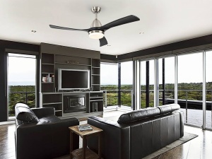 VENTILATOR ASPAS, CU TELECOMANDA, 45/55 CM, NICHEL SATINAT/NEGRU/OPAL, DIN METAL, LEMN SI STICLA, STIL MODERN