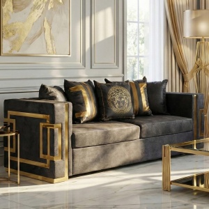 CANAPEA DEOSEBITA 3 LOCURI, ARTIM MEBLE, MATERIAL TEXTIL( CATIFEA) SI SUPORT METALIC, CULOARE NEAGRA/AURIU, STIL MODERN - Img 2