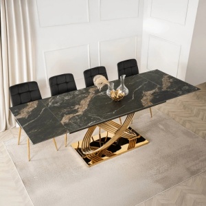 CEL MAI MIC PRET!!!MASA EXTENSIBILA 160-240CM, ARTIM MEBLE, REALIZATA DIN METAL SI CERAMICA, CULOARE MARMURA NEAGRA/AURIE, STIL MODERN - Img 3