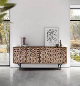 COMODA/BUFET 177CM, NATURAL/NEGRU, DIN LEMN DE MANGO SI PICIOARE DIN METAL, DESIGN EXTRAVAGANT