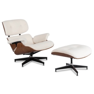 FOTOLIU CU TABURET LOUNGE, ARTIM, ALB BOUCLE, MATERIAL LEMNOS SI TEXTIL, STIL MODERN - Img 12