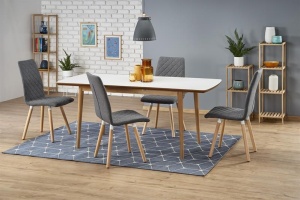 MASA DINING EXTENSIBILA BRADLEY, ALB/STEJAR LEFKAS, 140/185 CM, BLAT DIN MDF SI PICIOARE DIN LEMN MASIV, STIL CLASIC - Img 1