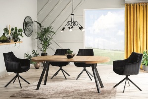 MASA DINING EXTENSIBILA DOMINGO, 100/250 CM, STEJAR/NEGRU, BLAT DIN FURNIR NATURAL SI PICIOARE DIN METAL, STIL MODERN - Img 1