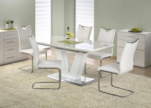 MASA DINING EXTENSIBILA MISTRAL, ALB/CROM, 160/220 CM, BLAT DIN MDF LACUIT SI PICIOR DIN METAL, STIL MODERN - Img 1