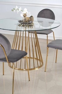 MASA DINING, TRANSPARENT/AURIU, 120 CM, BLAT DIN STICLA SI PICIOR DIN METAL, STIL MODERN - Img 6