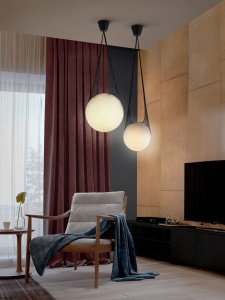 PENDUL GLOBE, 40 CM, NEGRU/OPAL, DIN METAL, STICLA SI TEXTIL, STIL MODERN - Img 3