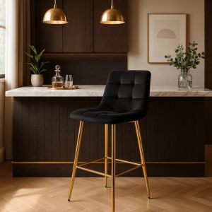 SCAUN BAR, ARTIM MEBLE, REALIZAT DIN CATIFEA SI METAL, CULOARE NEGRU/AURIU, STIL MODERN