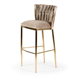 SCAUN DE BAR HORDIA, 70 CM, BEJ/AURIU, TAPITERIE DIN CATIFEA SI PICIOARE DIN METAL, STIL MODERN