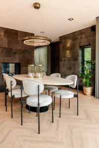 SCAUN DINING KAYLEE, BEJ/NEGRU, TAPITERIE DIN CATIFEA SI PICIOARE DIN METAL, STIL MODERN B2 - Img 2