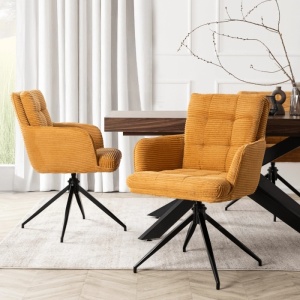 SET 4 SCAUNE ROTATIVE, ARTIM MEBLE, REALIZAT DIN MATERIAL CATIFEA RAIAT GALBEN MUSTAR SI METAL, STIL MODERN - Img 2
