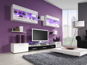 SET LIVING CU LED CAMA I ALB/NEGRU DESIGN MODERN CM