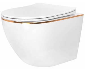 VAS DE TOALETA SUSPENDAT REA CARLO MINI FLAT, ALB/AURIU, DIN CERAMICA, CALITATE SUPERIOARA