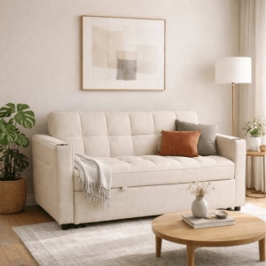 CANAPEA RABATABILA, ARTIM MEBLE, REALIZAT DIN MATERIAL TEXTIL BEJ SI METAL, STIL MODERN - Img 2