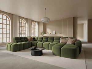 COLTAR LISA, STANGA, 7 LOCURI, 387 CM, VERDE OLIVE, TAPITERIE DIN CATIFEA, DESIGN DEOSEBIT