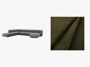 COLTAR MILEY, CU 6 LOCURI, PE STANGA, VERDE MASLINIU INCHIS, CU TAPITERIE DIN TEXTIL BOUCLE BALOO, MICADONI