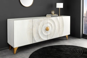 COMODA/DULAP LIVING 180CM, GOLDEN SUNSET, ALB/AURIU, DIN LEMN MASIV DE MANGO SI METAL