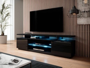 COMODA TV, CAMA-EVA-RTV-CZP/CZP 180CM, DIN PLACI LAMINATE SI MDF, NEGRU LUCIOS, DESIGN MODERN