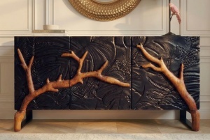 DULAP/BUFET LIVING, FOREST 160CM, REALIZAT DIN LEMN DE MANGO 3D SI METAL, CULOARE NEGRU/MARO, ARTIM GROUP SELECTION