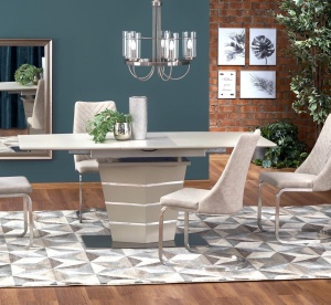 MASA DINING EXTENSIBILA SORENTO, BEJ MAT/CROM, 140/180 CM, BLAT DIN STICLA, MDF SI PICIOR DIN METAL, STIL MODERN - Img 1