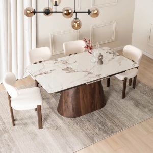 MASA EXTENSIBILA 160-200CM, ARTIM MEBLE, REALIZATA DIN METAL, LEMN SI MDF, MARMURA, CULOARE ALB/NUC, STIL MODERN - Img 3