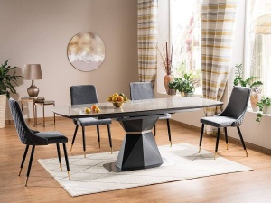 MASA EXTENSIBILA CORTEZ, 160/210 CM, EFECT DE MARMURA GRI/ANTRACIT/CROM, DIN CERAMICA, MDF SI METAL, STIL MODERN - Img 1