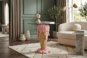 MASUTA DE CAFEA 50CM, ICE CREAM, REALIZAT DIN POLIRASINA SI STICLA, CULOARE ROZ/BEJ, REALIZAT MANUAL, ARTIM GROUP SELECTION