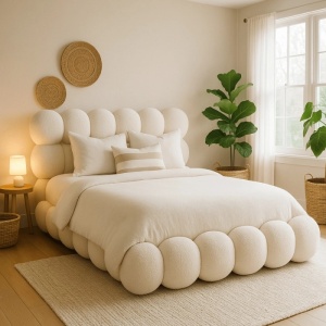 PAT 160X200CM, ARTIM MEBLE, CU SPATIU DE DEPOZITARE, REALIZAT DIN TEXTIL BOUCLE CREM, STIL MODERN - Img 2